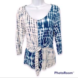 TRIBAL Blue Batik Tie-dye 3/4 Sleeve Rayon Scoop-neck Top MP
